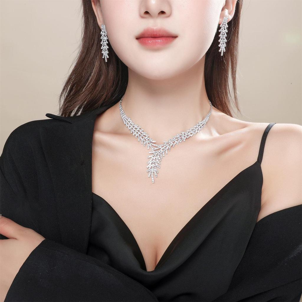 Luxury Bridal Zircon Flower Necklace & Earrings Set - Elegant Wedding Jewelry Accessories
