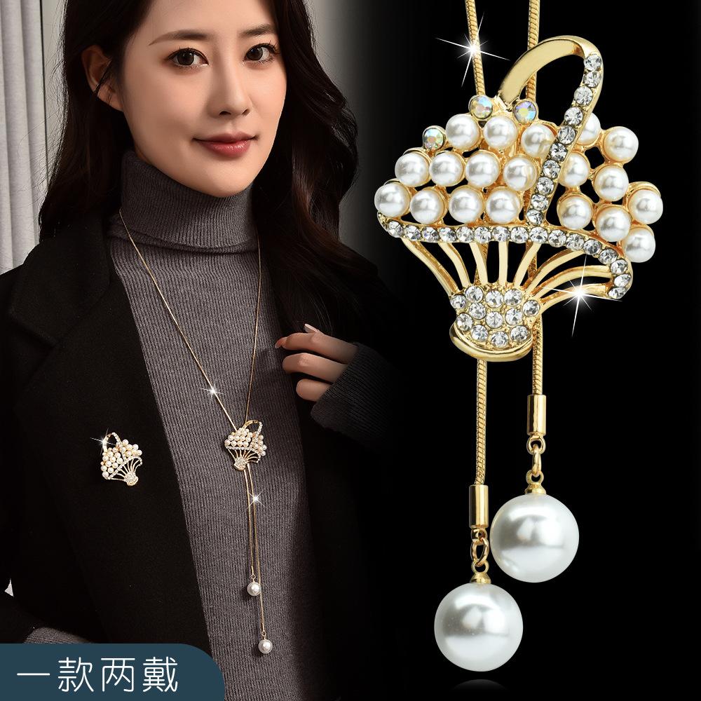 Straight One Two-Wear Autumn And Winter Pearl Flower Blue Sweater Chain Fringed Temperament Long Necklace Temperament Versatile Clothing