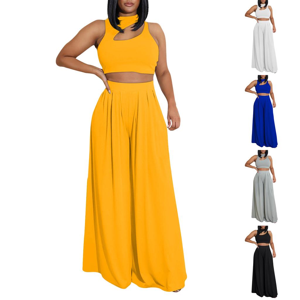 Women 2 Piece Outfits Spring Summer Tracksuits Mock Neck Sleeveless Cutout Crop Top Wide Leg Long Pants Sweatsuits