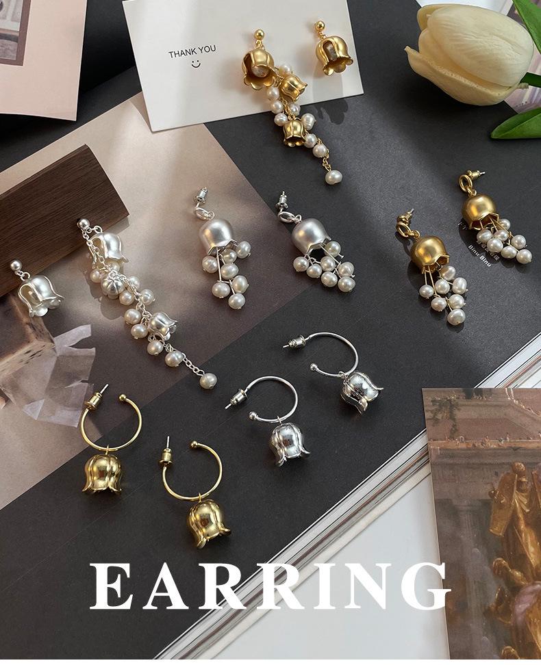 Элегантные французские ретро серьги-кисточки «Ландыш» с пресноводным жемчугом и иглой из серебра 925 пробы