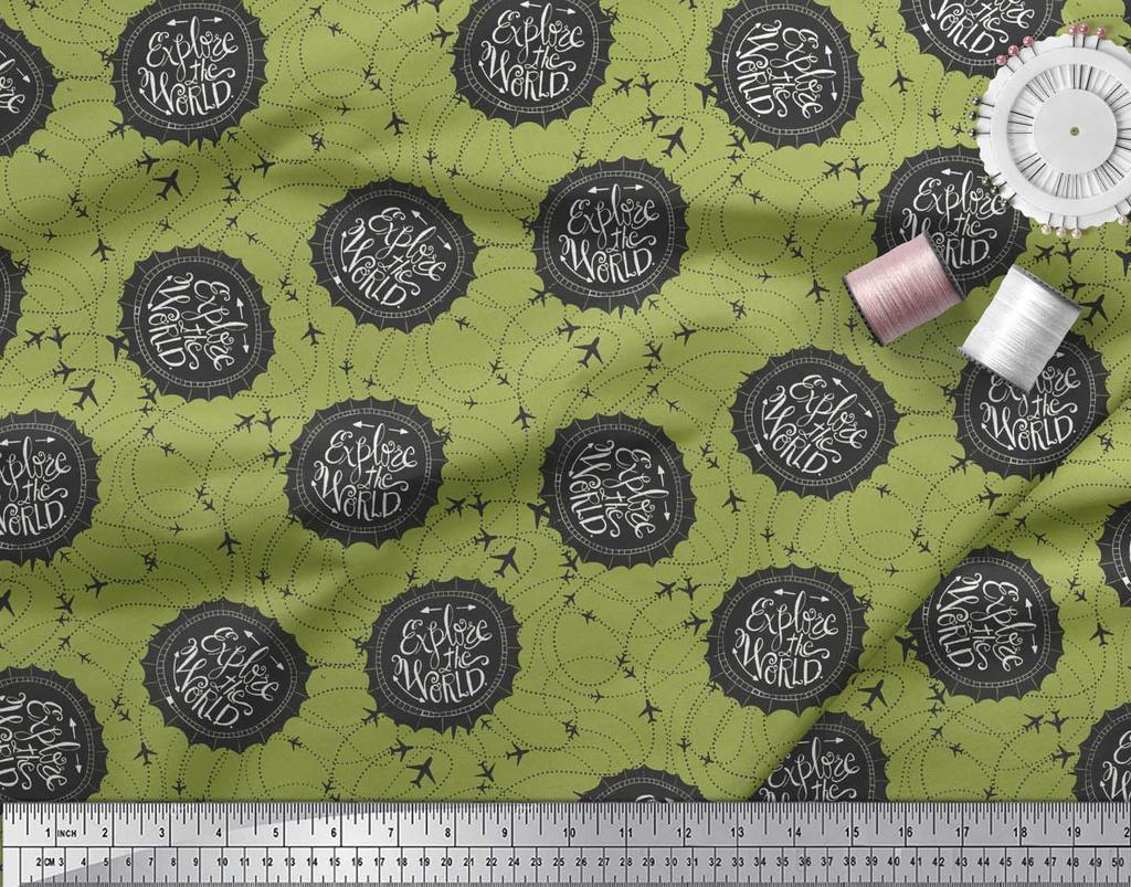 Soimoi Зеленая японская креп-сатиновая ткань с текстовым принтом и принтом для путешествий в самолетах, 42 дюйма по метрам