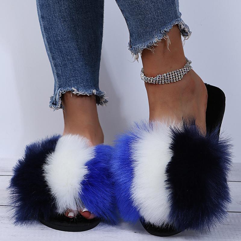 Модные Модные Пушистые Меховые Тапочки Смешанных Цветов для Женщин Зимние Теплые Уютные Домашние Тапочки Женские С Открытым Носком Нескользящие Плюшевые Тапочки для Пола