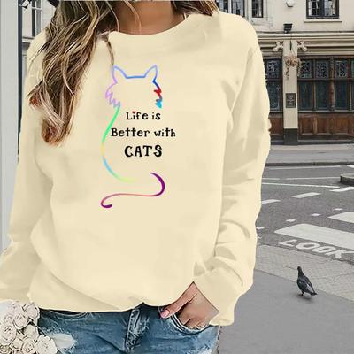 Топы для женщин, цветная полосатая футболка с принтом кошки, круглый вырез, длинный рукав, осенний повседневный тонкий пуловер, женский топ с длинным рукавом