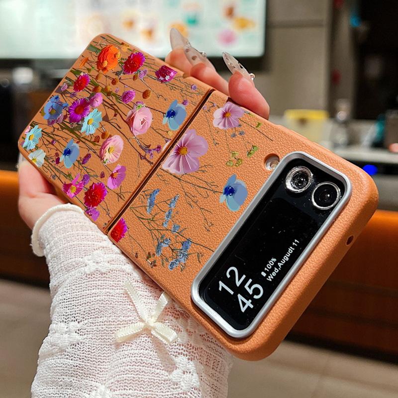 For Samsung Galaxy Z Flip 6 5 4 3 5G Luxury Leather Phone Case Retro Flowers Soft TPU Folding Cover For Samsung Z Flip5 Flip3