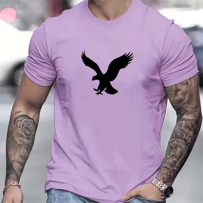 2024 Summer New Men's Simple Fashion Loose T-Shirt Eagle Print Round Neck Solid Color Short-Sleeved T-Shirt Casual Daily Tops