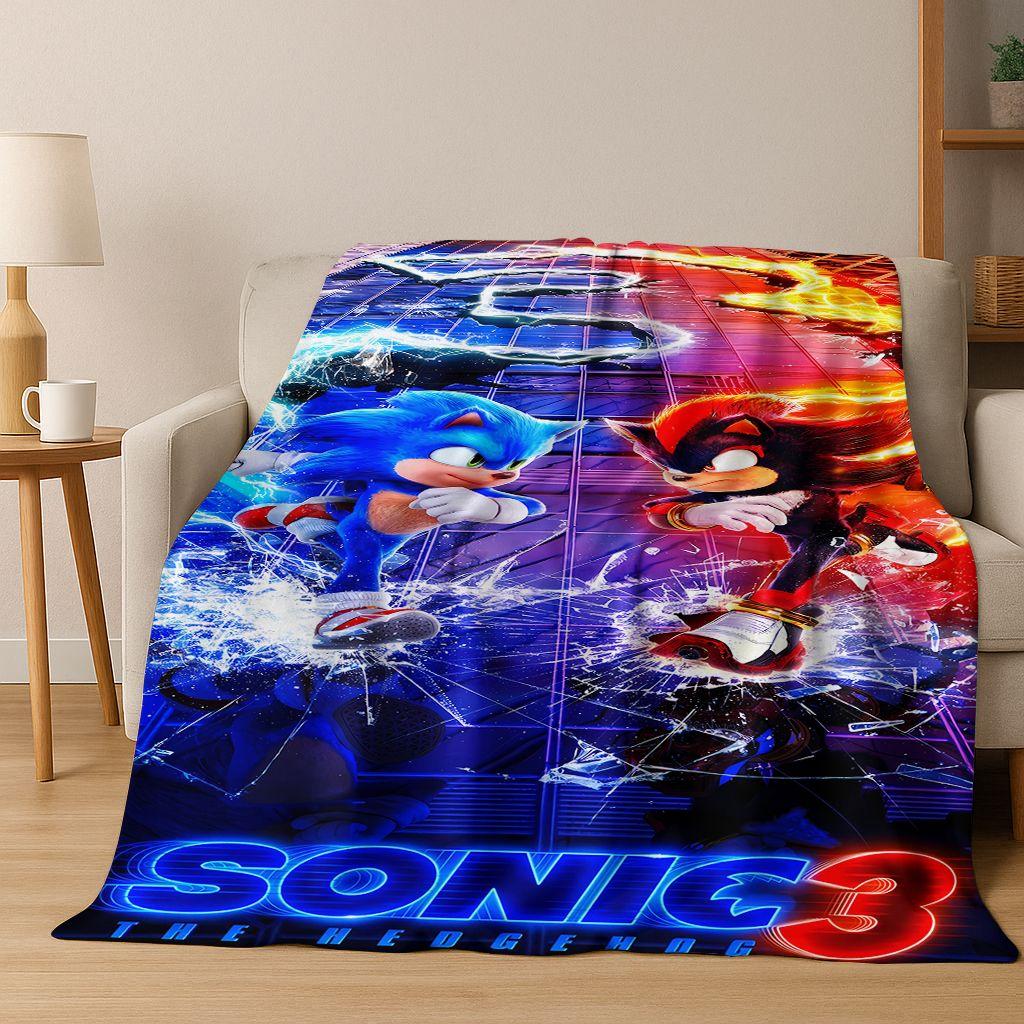 Classic S-Sonic Cartoon Game Flannel Blanket Soft Warm Throw Blanket for Bed Bedroom Living Room Travel Picnic Office Gift Kids