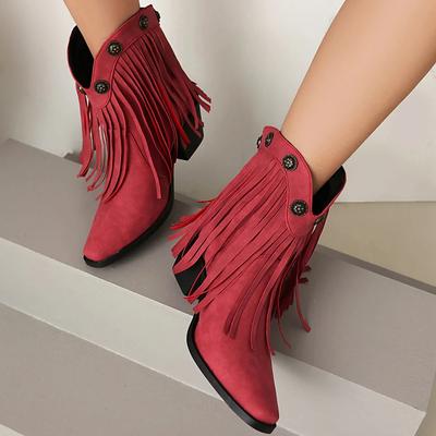 2024 Лидер продаж, новинка для женщин, новые ботинки на толстом каблуке с кисточками и острым носком, зеленые и красные ковбойские ботинки, модные женские ботинки на танкетке без застежек