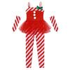 Girls Candy Cane Costume Santa Claus Christmas Sleeveless Stripes Print Tulle Peplum Long Jumpsuit with Arm Sleeves