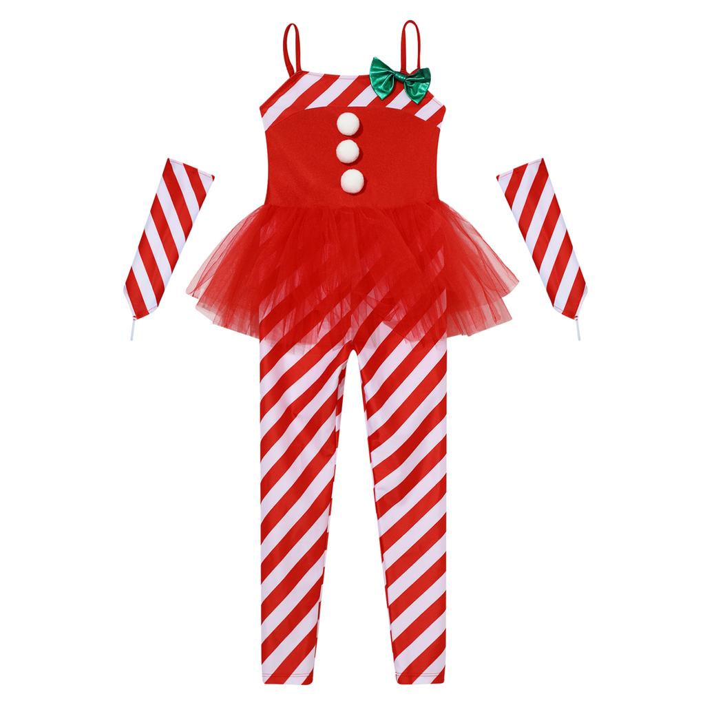 Girls Candy Cane Costume Santa Claus Christmas Sleeveless Stripes Print Tulle Peplum Long Jumpsuit with Arm Sleeves