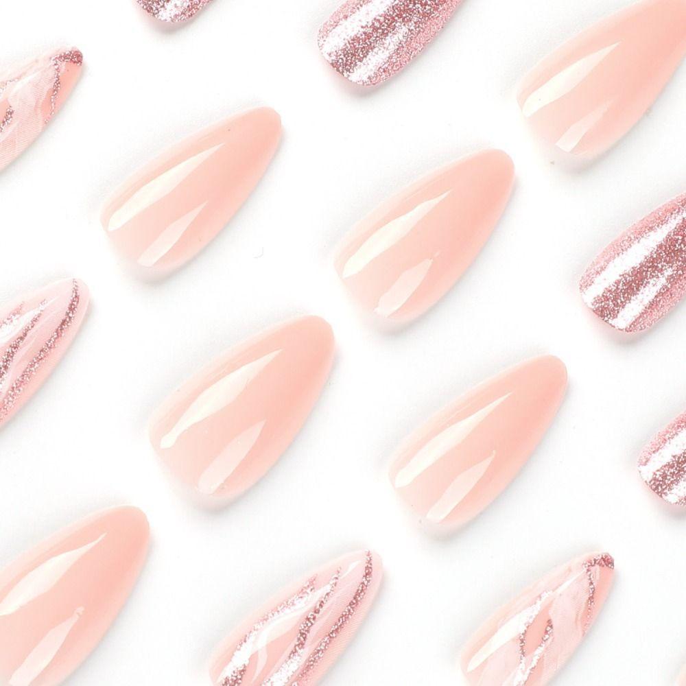 24pcs Manicure Diy Lines Moon Stars Press On Nails Blue Flowers French Eyes Long Almond False Nails