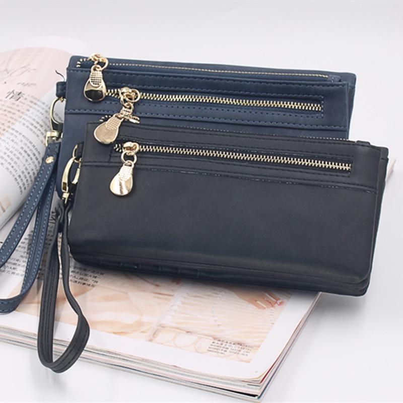 Women Fashion Wallets Dull Polish Leather Wallet Double Zipper Day Clutch Purse Wristlet Handbags