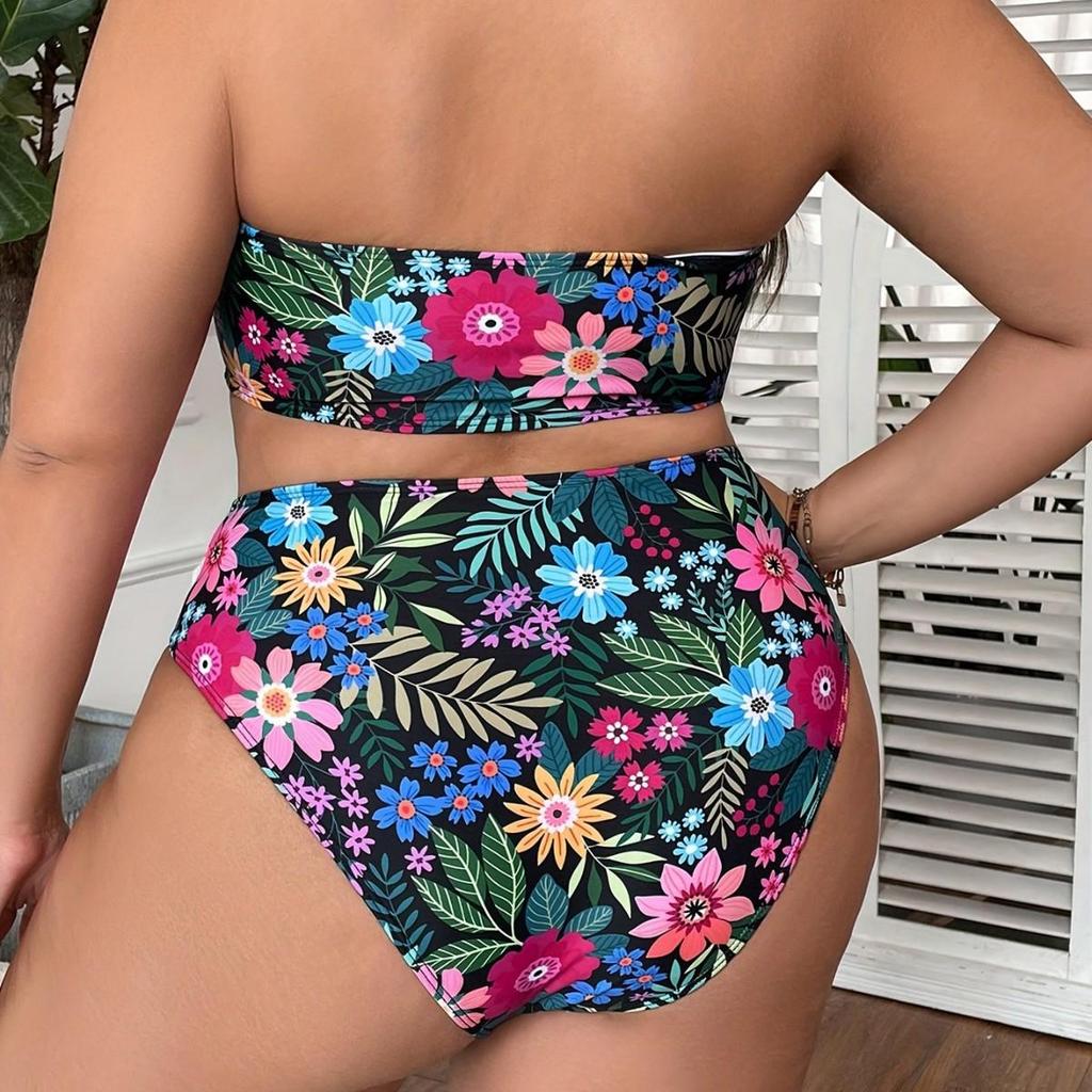 Купальник-бандо с высокой талией большого размера 2024 - Европейский и американский принт