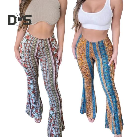 Женские брюки в этническом стиле с цветочным принтом, длинные расклешенные брюки в стиле ретро, ​​высокоэластичные сексуальные повседневные брюки, уличная одежда