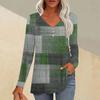 Fashion Tops Casual Pleated V-Neck Carpet Checkered Print Long Sleeve T-Shirt
