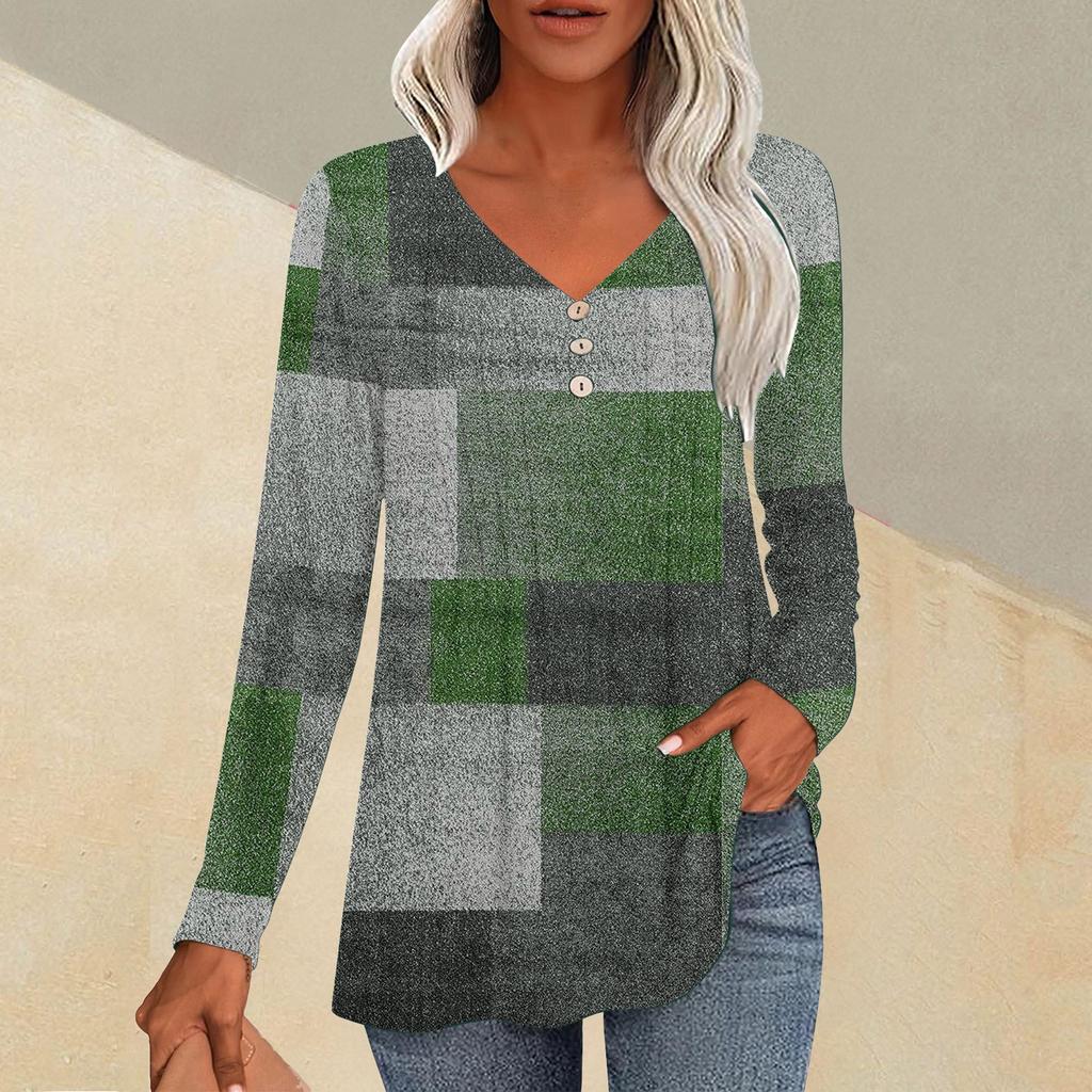 Fashion Tops Casual Pleated V-Neck Carpet Checkered Print Long Sleeve T-Shirt