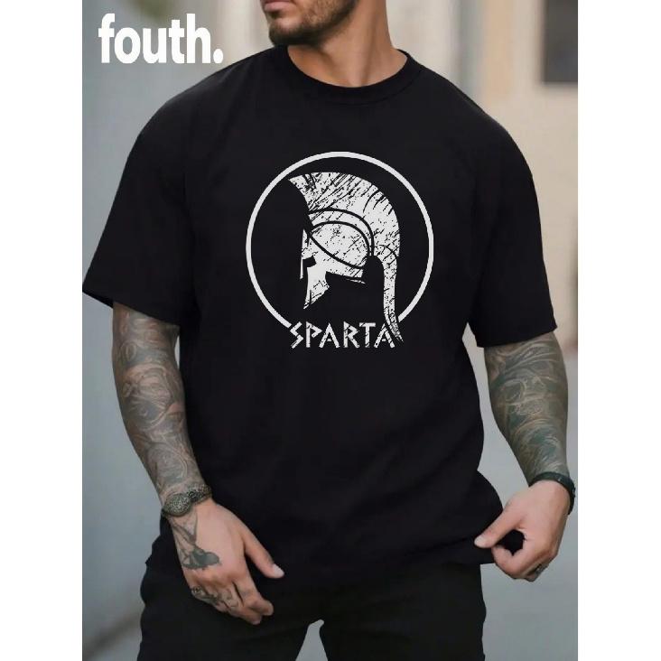 Men's Plus Size Sparta Helmet Print T-Shirt - Greek Design Shirt for Gym Training & Casual Wear, Breathable Oversized Fit Suitable for Bodybuilding,