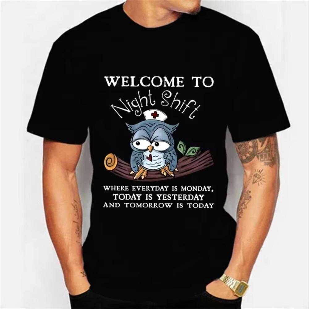 Мужская футболка Welcome To Night Shift Kawaii Футболка Мужская Женская Футболка Смешная Графика Совы Рубашки Харадзюку Рубашки Аниме Футболка Одежда