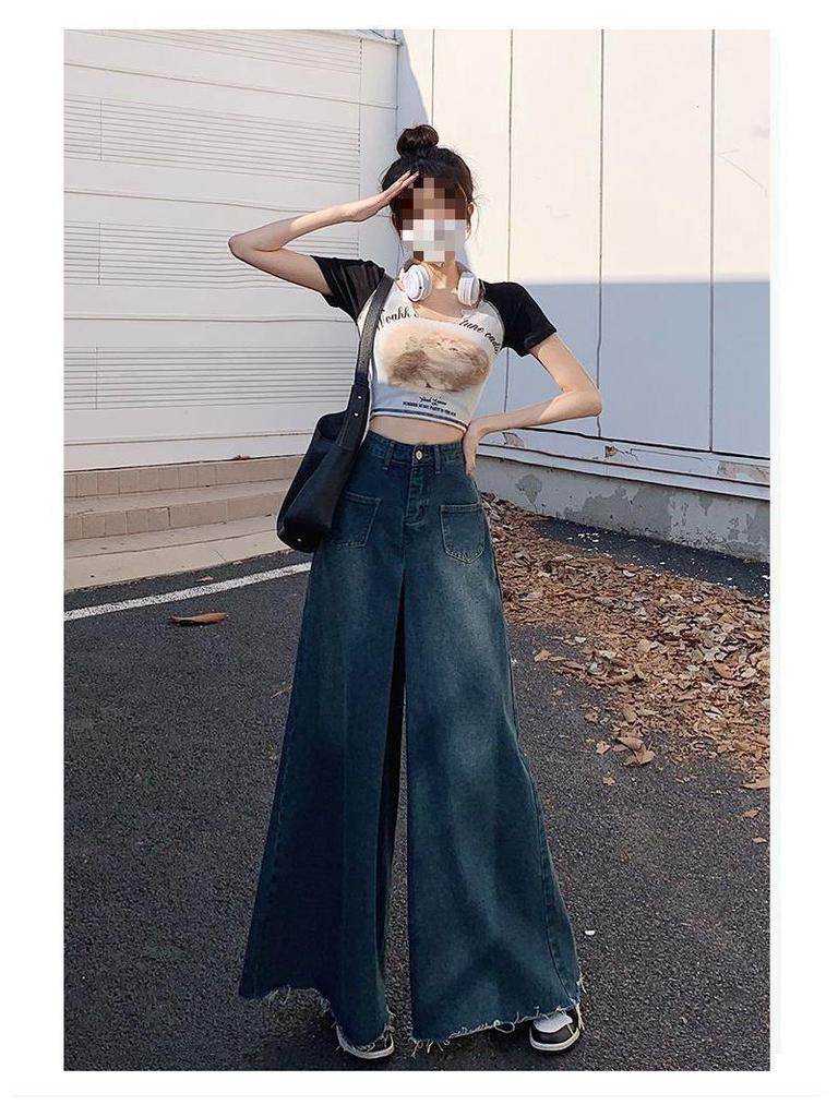 Юбка деним 2024 в стиле ретро с высокой талией и широкими штанинами с необработанными краями для весны и осени