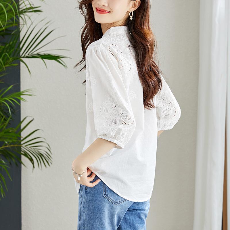 Summer Elegant Fashion Embroidery 3/4 Sleeve Solid Color Cotton Shirt Women V-neck Casual Cardigan Blouse