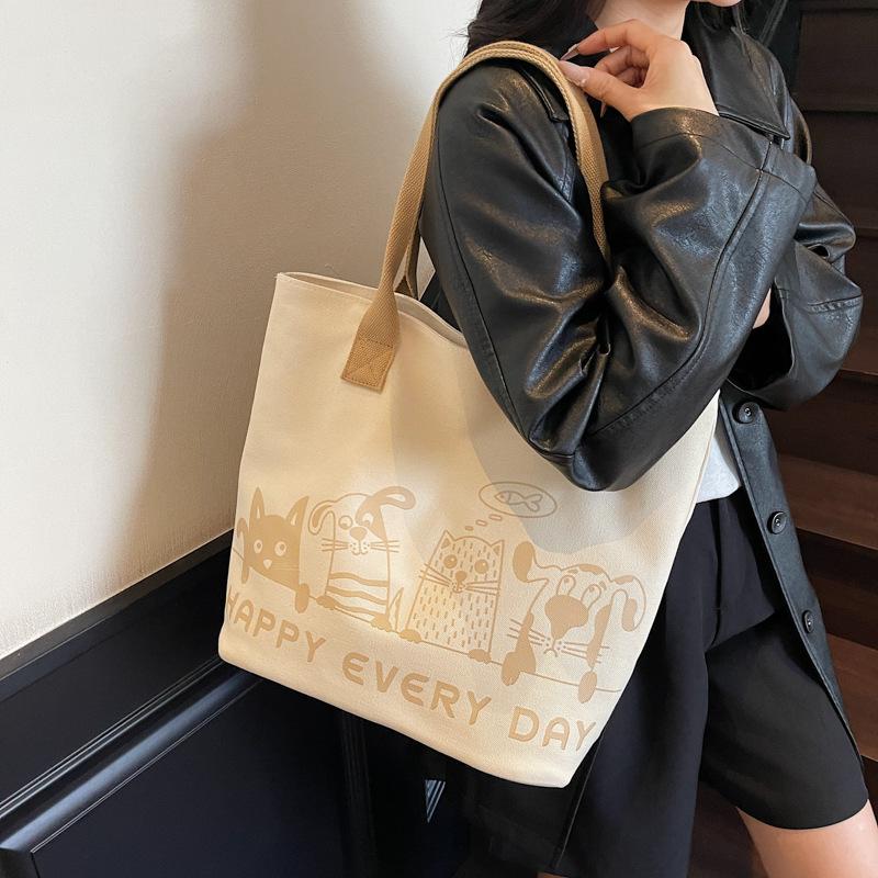 2025 Autumn New Korean Version Fashion Cartoon Canvas Bag Casual Commuting Simple Large Capacity Tote Bag Shoulder Bag