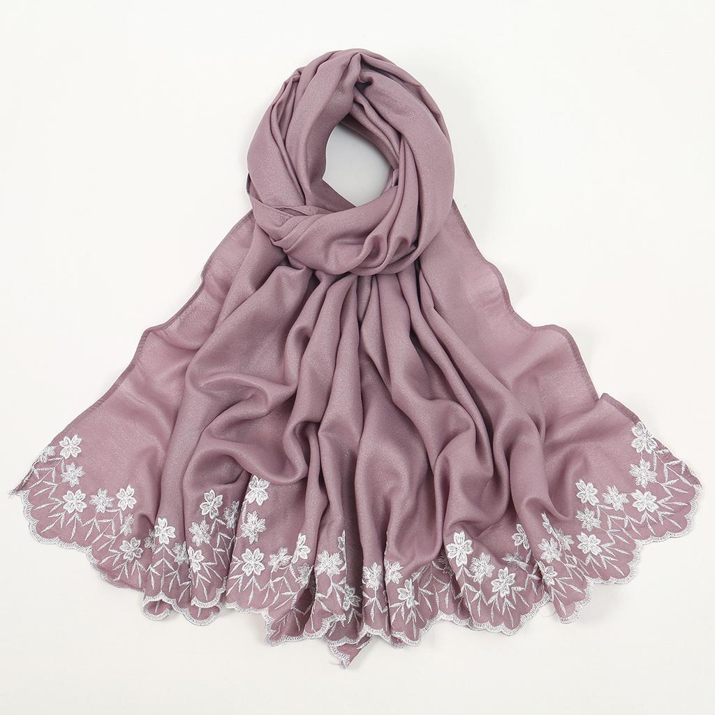 Solid Color Chiffon Embroidery Hijab - Ruffled Edge Long Scarf Islam Hijabs Women's Turbans Head Wrap Lightweight Scarf