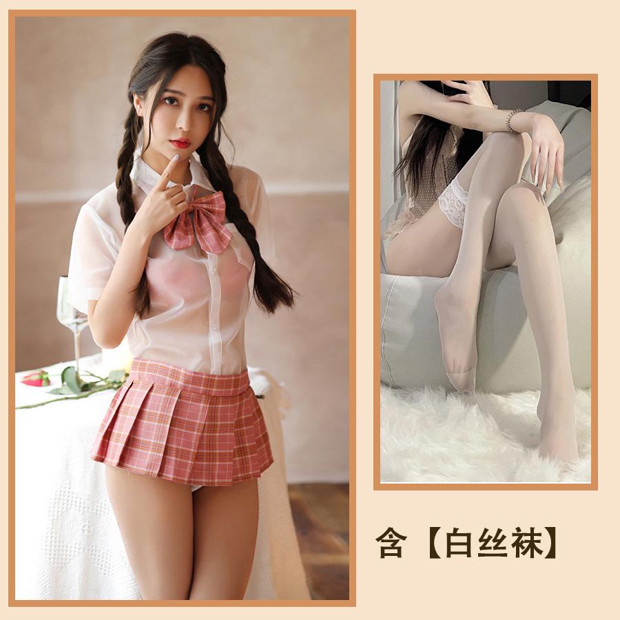 Сексуальное нижнее белье Сексуальная студенческая форма Прозрачная рубашка Бант Клетчатая плиссированная юбка Костюм Соблазнительная женщина