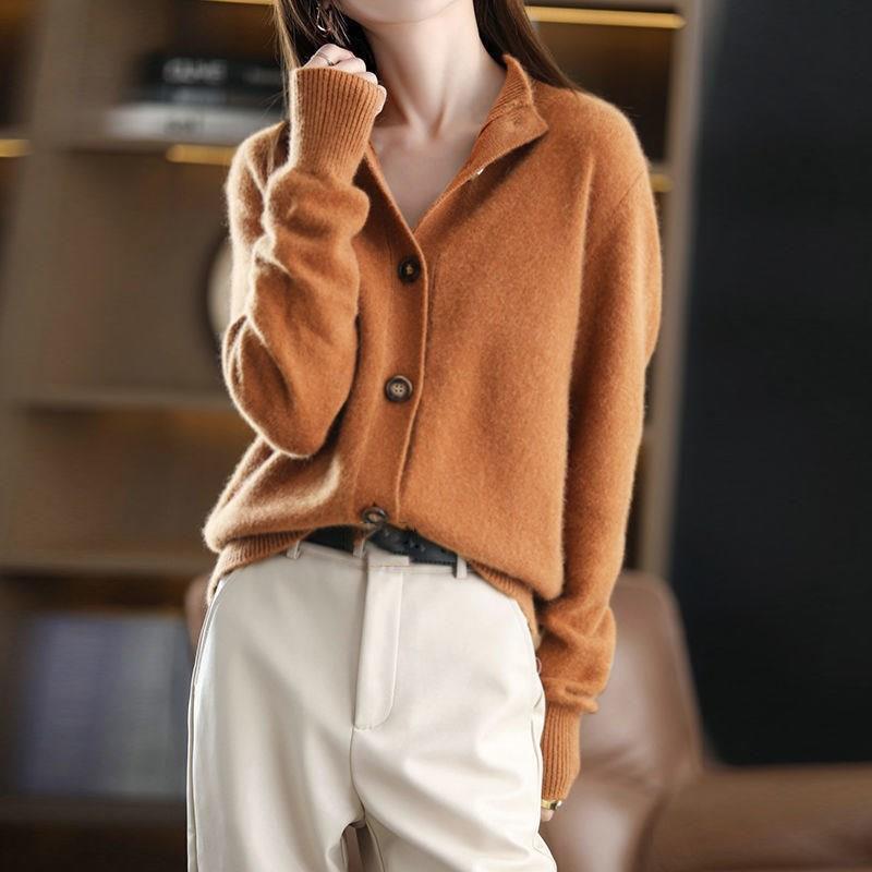 Autumn and Winter Woolen Cashmere Sweater Women's Self-Cultivation Half High Neck Cardigan Warm Knitted Sweater Women