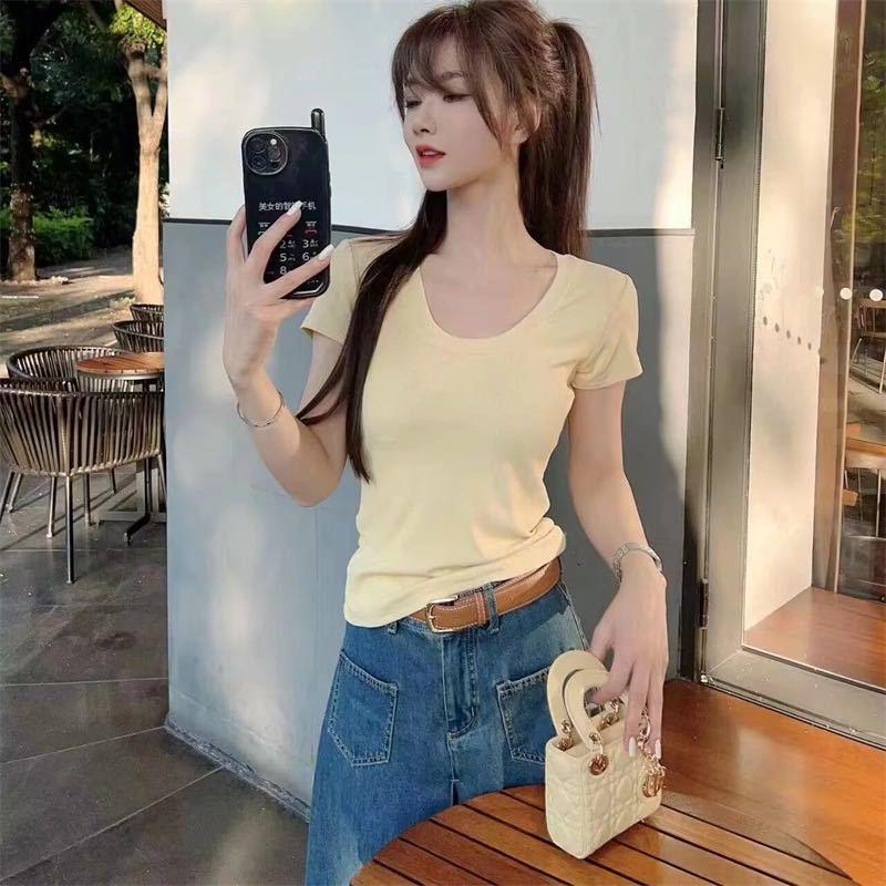 Футболка облегающего кроя розового цвета в корейском стиле 2025 года: Девять цветов, овальный воротник, короткие рукава, универсальный, прошитый хлопок для чистого желания