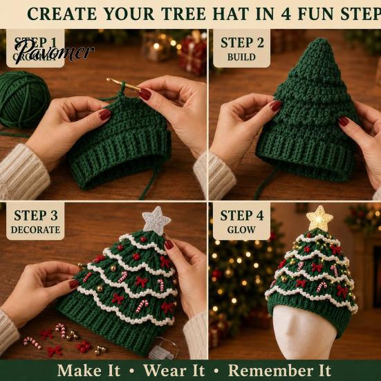 Parent Child Interaction Craft Christmas Tree Crochet Hat DIY Kit, Beginner-Friendly Light-Up Handmade Gift for Friends Complete Kit with Yarn, Tools,