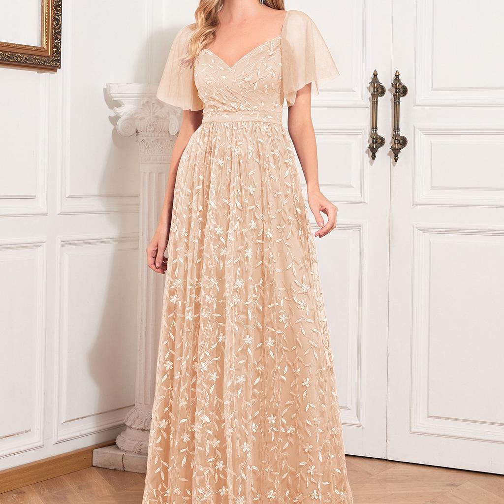 GMXIA Элегантное прозрачное вечернее платье с короткими рукавами, V-образным вырезом и U-образным вырезом на спине, трапециевидное платье с вышивкой и полной подкладкой