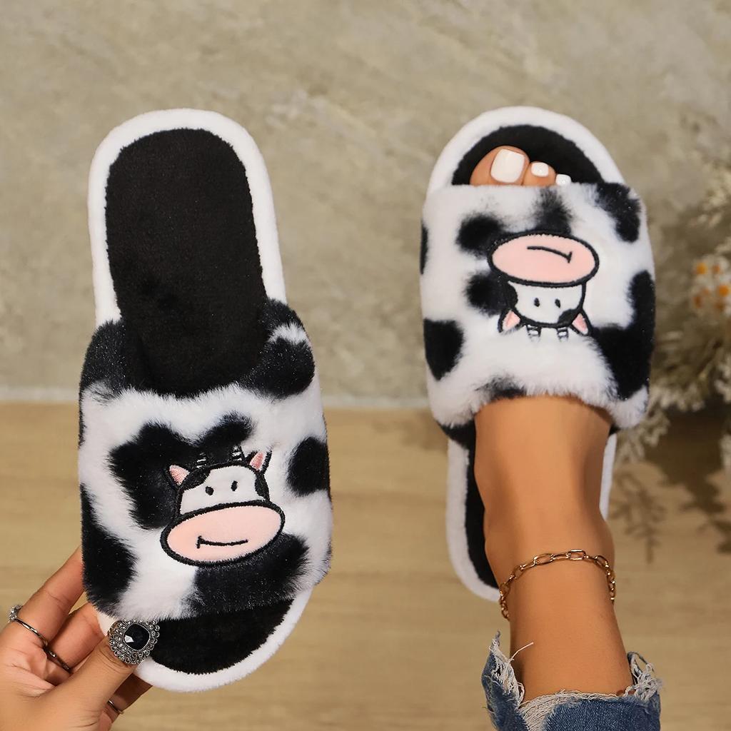 Fashion Lightweight Cartoon Cow Home Slippers for Women Open Toe Soft Sole Faux Fur Slides Woman Comfort Non Slip Indoor Slippers 2024