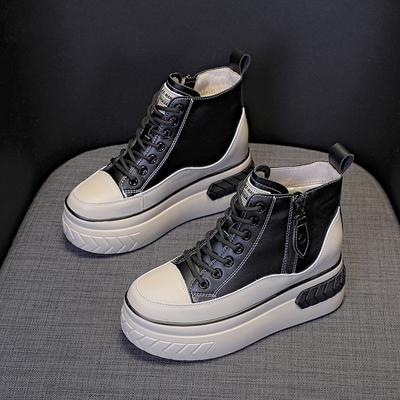 Женские кожаные туфли на платформе, новые весенне-осенние туфли-маффины, универсальные туфли на высоком каблуке и толстой подошве, с внутренней высотой, увеличивающей рост, повседневные высокие кеды