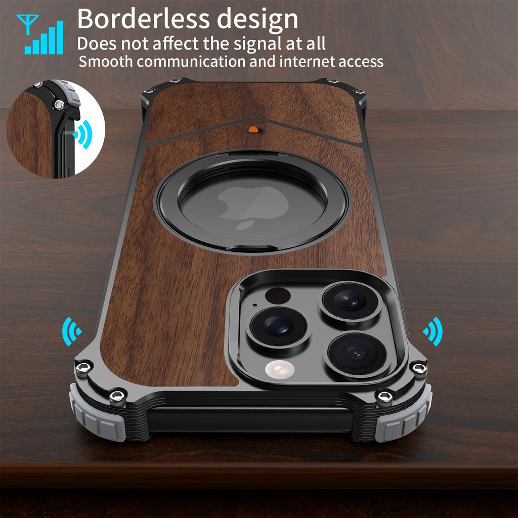 For iPhone 15 Pro Max Magnetic Case Wood Covered Metal Boardless Phone Back Cover with Kickstand