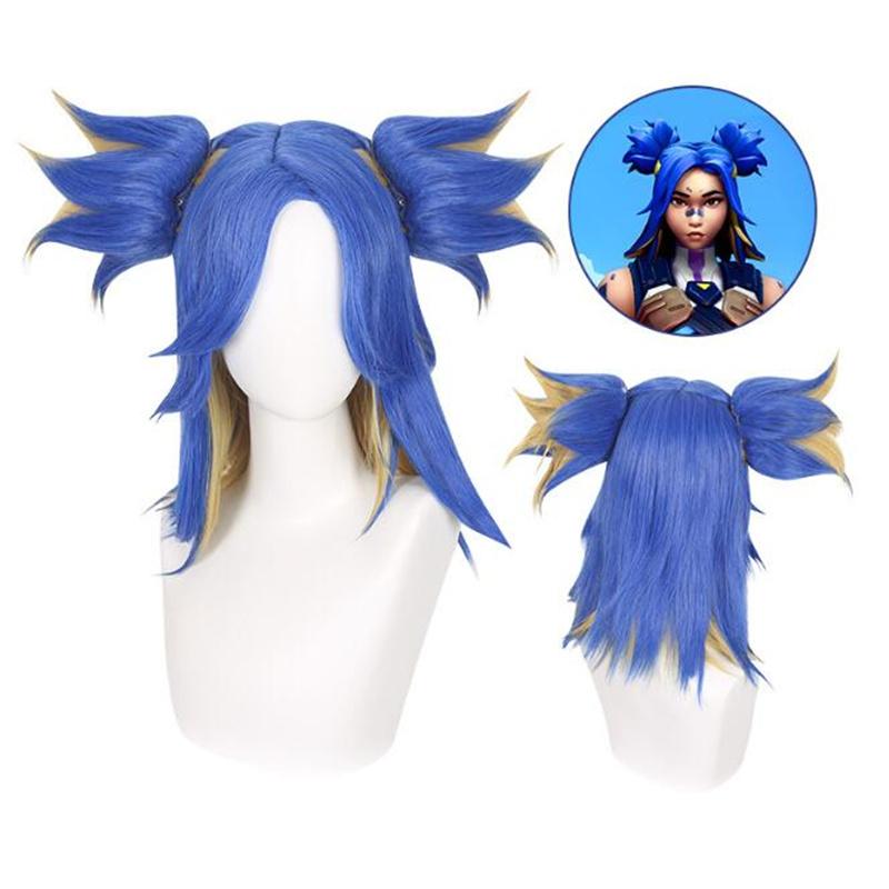 Парик для косплея Game Valorant Neon, короткий, синий, микс-блонд с 2 хвостиками на заколках, термостойкие синтетические волосы, парики для ролевых игр + шапочка для парика