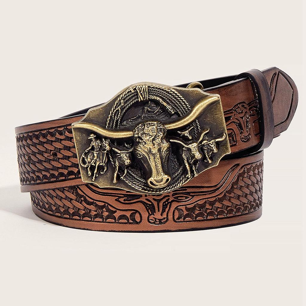 In-Stock Western Bull Head Buckle Leather Belt - Trendy Retro Punk Style for Men & Women