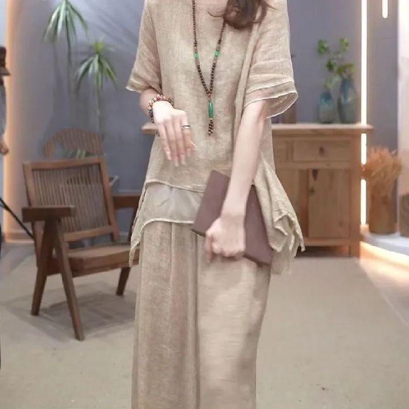 Linen Suit Two Piece Women 2023 Summer Cotton Linen Loose Large Size Suit