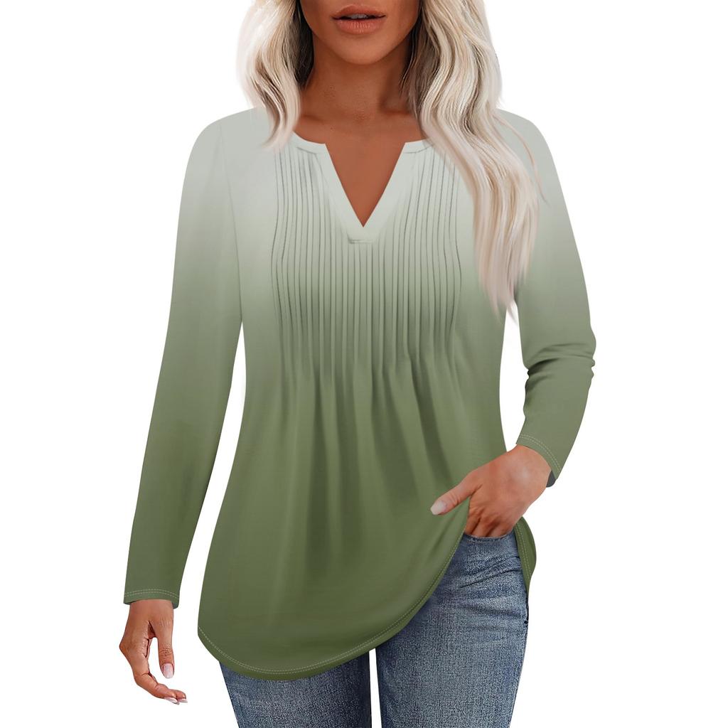 Женская Мода Повседневная Плиссированная Футболка с V-образным Вырезом Однотонная с Длинным Рукавом Элегантные Топы