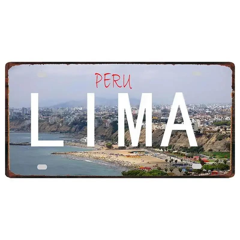 Peru Lima Cusco Car License Pate Retro Rusted  Art Front Vanity Tag Wall Poster Decor for Bar Garage Home Decoration Plaques