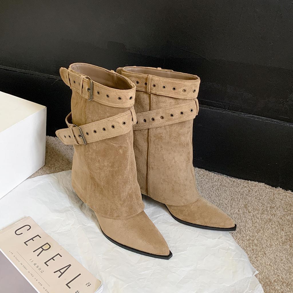 Версия из коровьей кожи~ остроносые ретро брюки с пряжкой ремня в стиле Spice Girls, ботинки на толстом каблуке, темпераментные короткие ботинки, женские облегающие ботинки в стиле вестерн, ковбойские ботинки