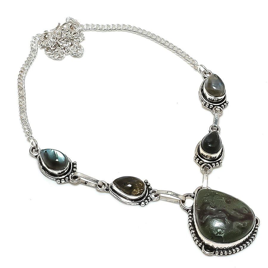 Natural Labradorite Gemstone 925 Sterling Silver Jewelry Necklace 18" R3q59