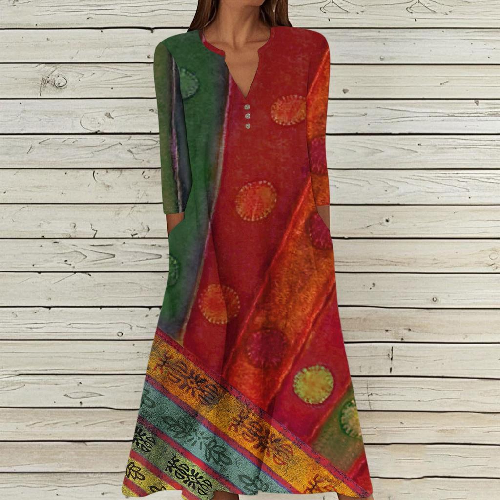 Женское летнее повседневное платье с V-образным вырезом на пуговицах, винтажным цветочным принтом, рукавом три четверти, длинное, с карманами