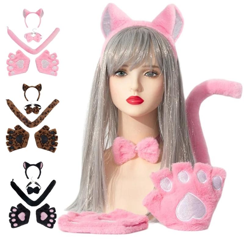 Cats Ears Headbands with Tail Cats Tail,Glove Bowtie Halloween Cosplays Costume