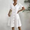 Женское летнее хлопковое льняное платье миди, повседневное платье с коротким рукавом, V-образным вырезом, застегивающееся на пуговицы, струящийся пляжный сарафан А-силуэта с оборками