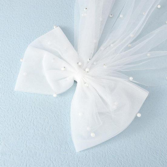 Заколка для волос невесты с бантом, фата из искусственного жемчуга, свадебный головной убор из белого тюля, свадебный аксессуар для волос на медовый месяц