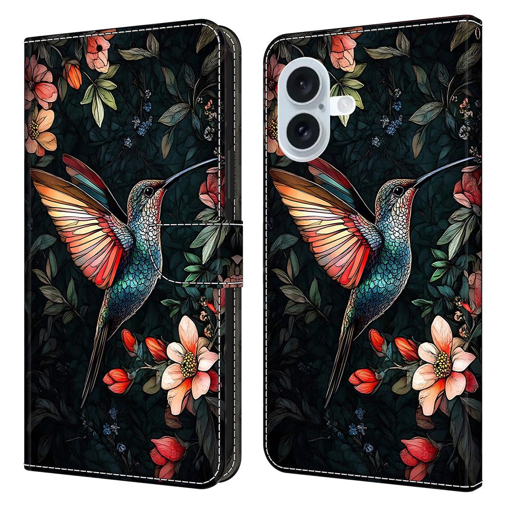 Для iPhone 16 Plus Кожаный чехол с печатью узора Кошелек-подставка Книжка-чехол для телефона