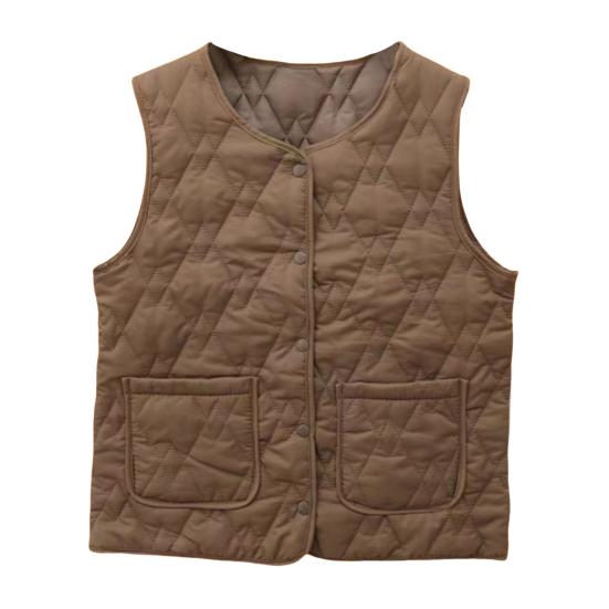 Women's Thermal Vest Sleeveless Single-breasted Closure Jacket Solid Color Round Neck Imitation Silk Cotton Padded Waistcoat for Autumn Winter