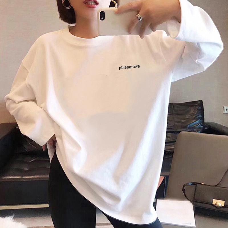 Девичья хлопковая футболка свободного кроя с длинным рукавом - Черная, Модный весенне-осенний топ, Универсальный студенческий стиль.