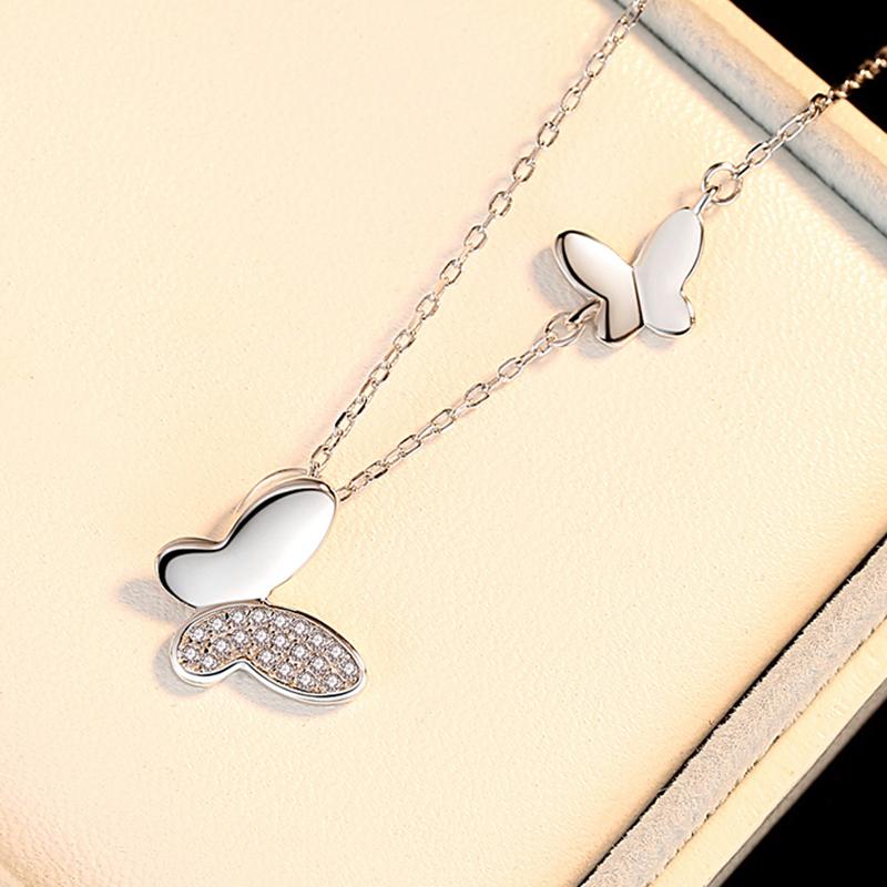Big Small Two Butterfly Cubic Zirconia 925 Sterling Silver Clavicle Chain Necklace for Women Ladies Korean Dainty Jewelry