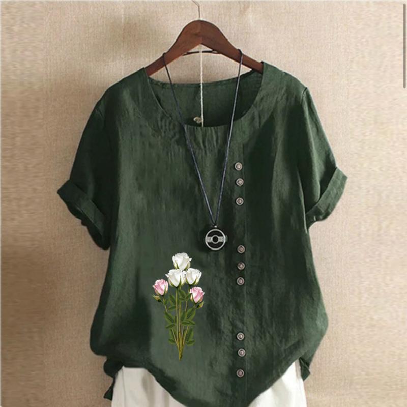 Women's Fashion Round Neck Short Sleeve T-shirt Casual Cotton Linen Graphic Shirt Leisure Loose Flowers Prined Summer Blouse Tops