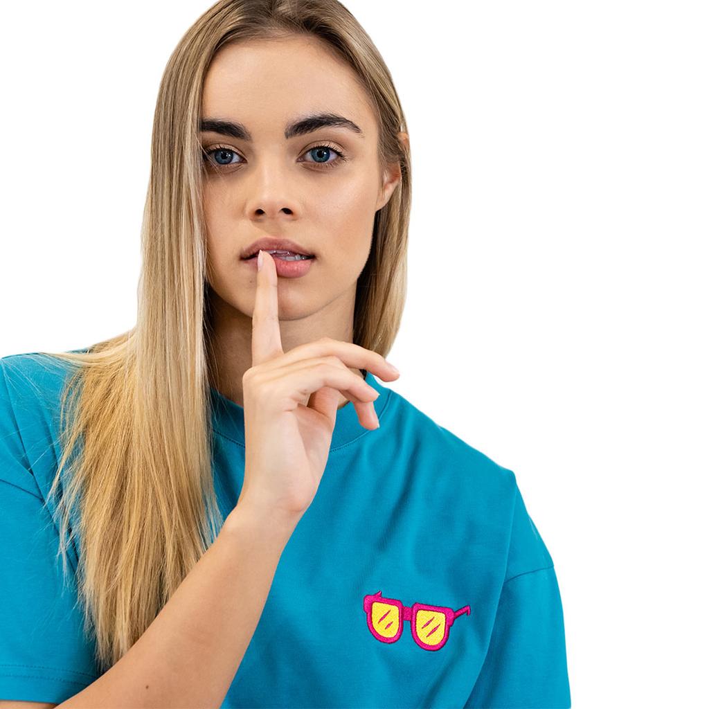 Turkusowa Koszulka Oversized Z Modnym Motywem Okularów Wygodna, S